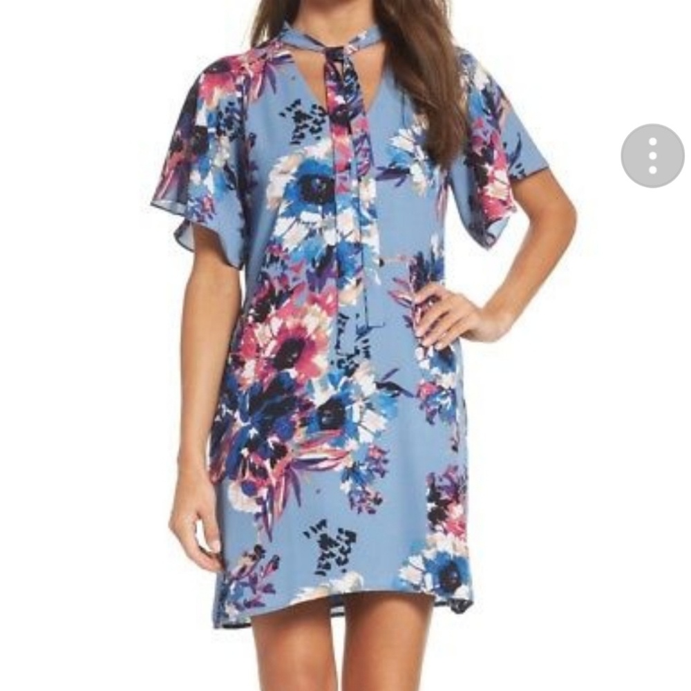 Charles Henry Blue Floral Tie-Neck Shift Dress